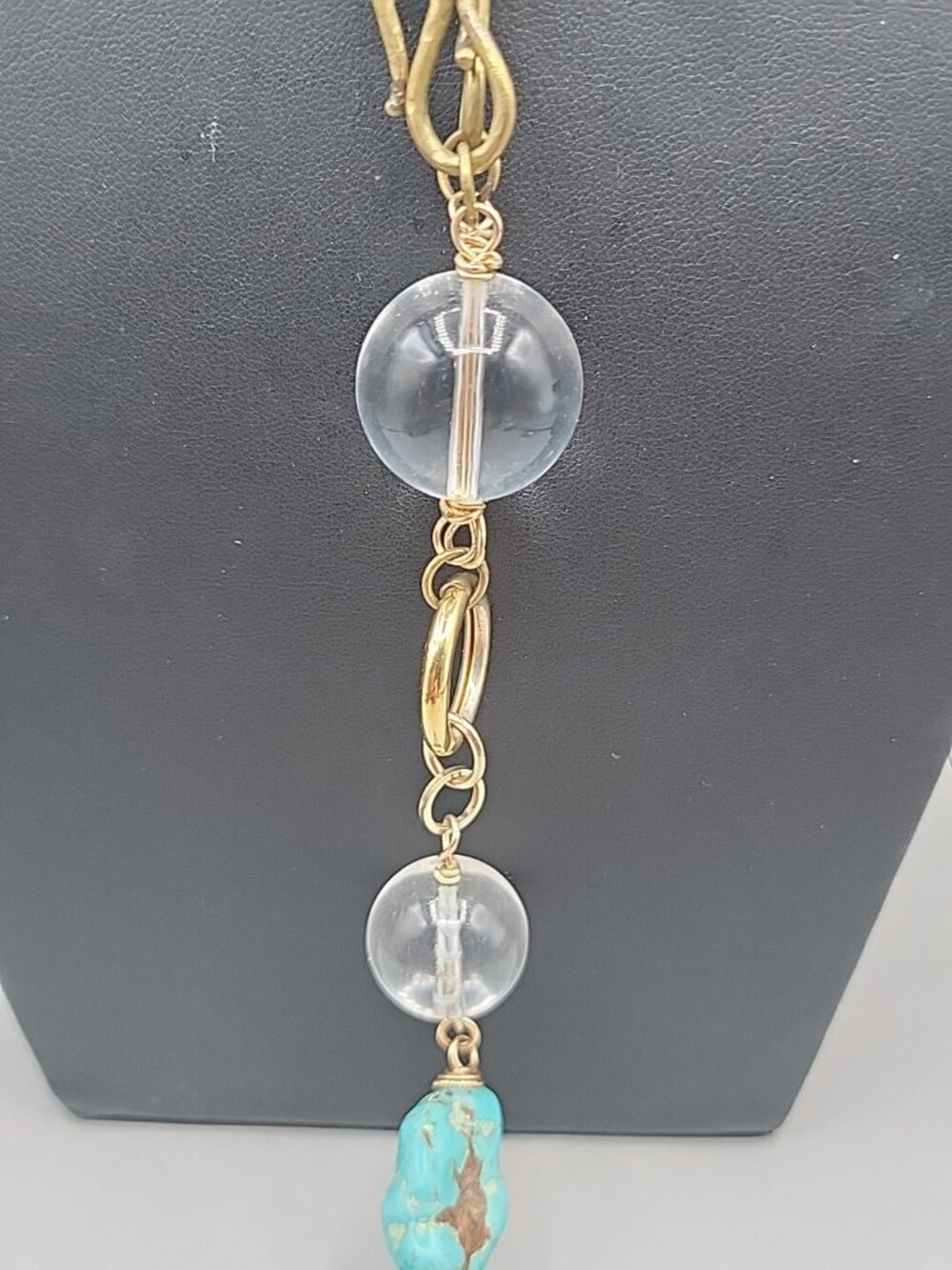 Vintage Turquoise Stone & Gold Chain Necklace Large Natural Turquoise Pendant - Picture 9 of 16